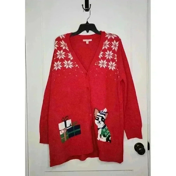 Woman Within Size Large (18-20) Ugly Christmas Sweater Cardigan Dog Presents - Picture 1 of 6